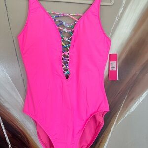 Lilly Pulitzer Isle Lattice One Piece Swimsuit Pink Starburst NWT size 12